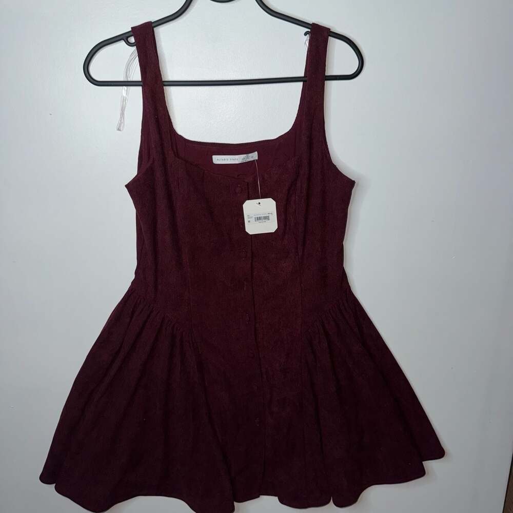 Altar'd State Burgundy Corduroy Button Front Square Neck Mini Dress - Picture 2 of 12